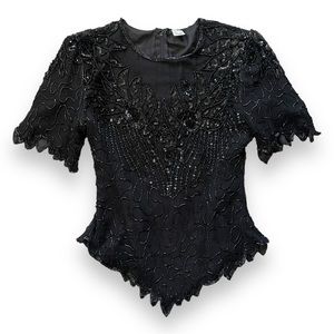 Vintage 80s Laurence Kazar Black Beaded Top